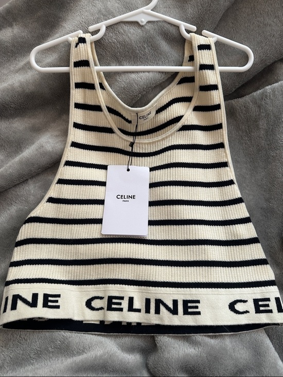 Celine Tops - Celine Black & Cream Striped Ribbed Cropped Tank